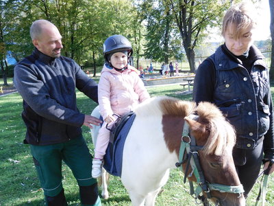 Koník Kaštánek s dětmi ze třídy Kuřátka na školní zahradě.